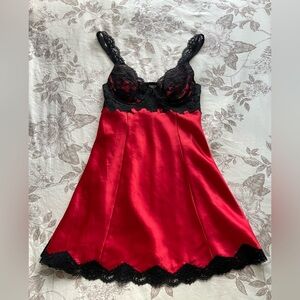 Victorias Secret Vintage 90s Red Black Lace Satin Slip Dress Small Whimsigoth